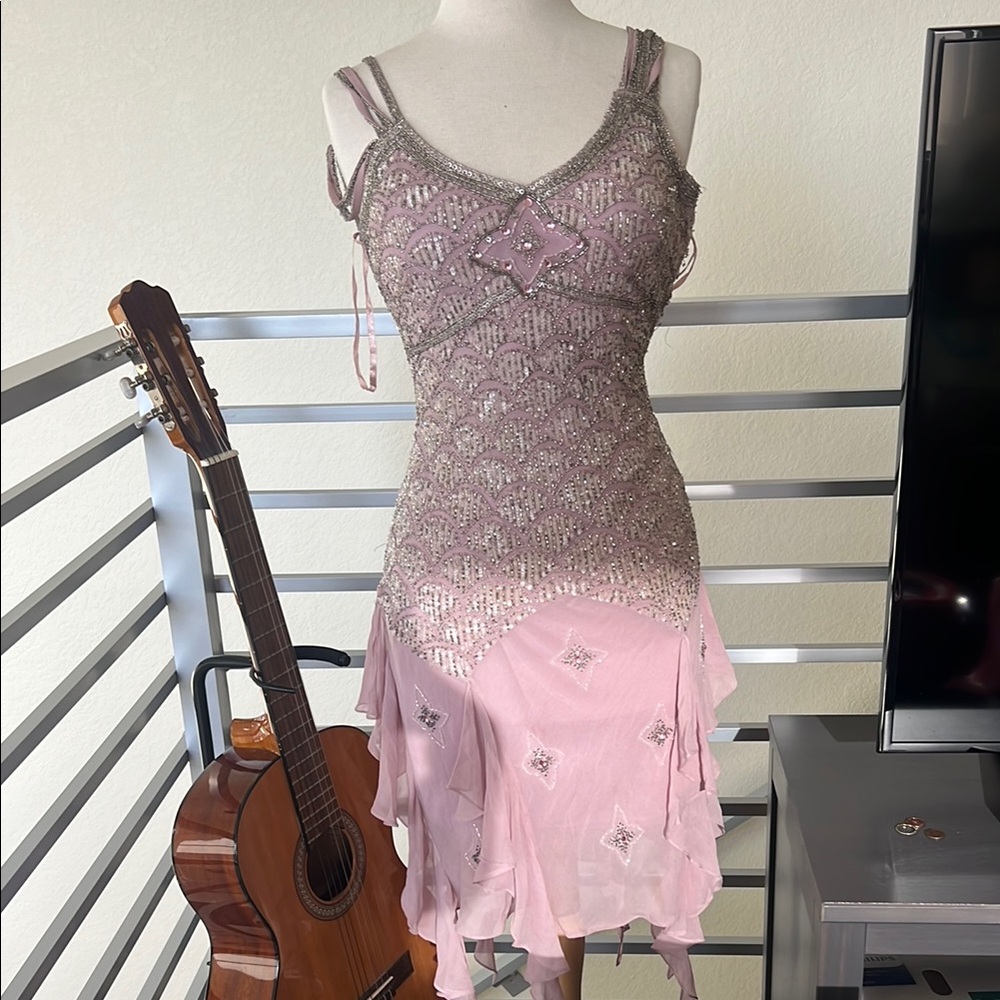 Sue Wong Pink Beaded Asymmetrical Cocktail Dress